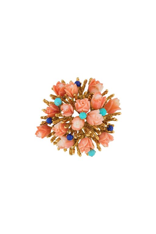 Yellow Gold Coral, Turquoise and Lapis Brooch