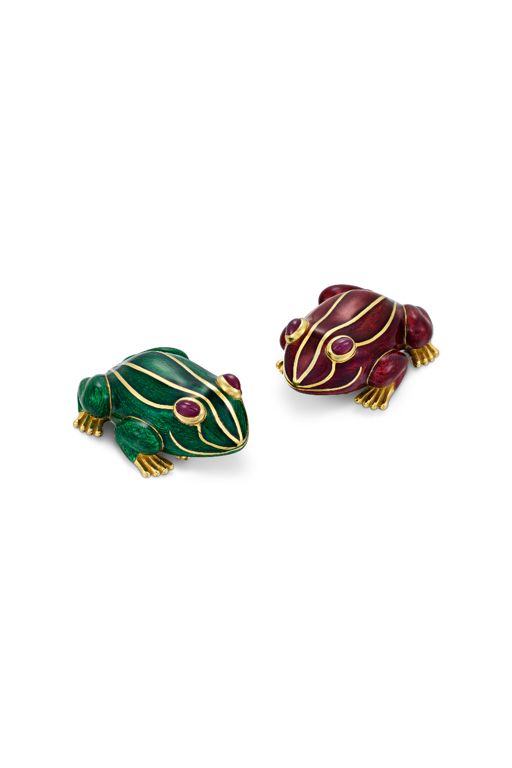 Two Yellow Gold Enamel and Ruby Frog Brooches