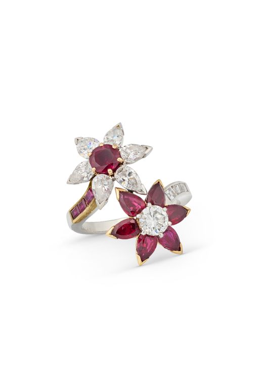 Two-Tone Metal Ruby and Diamond Flower Ring