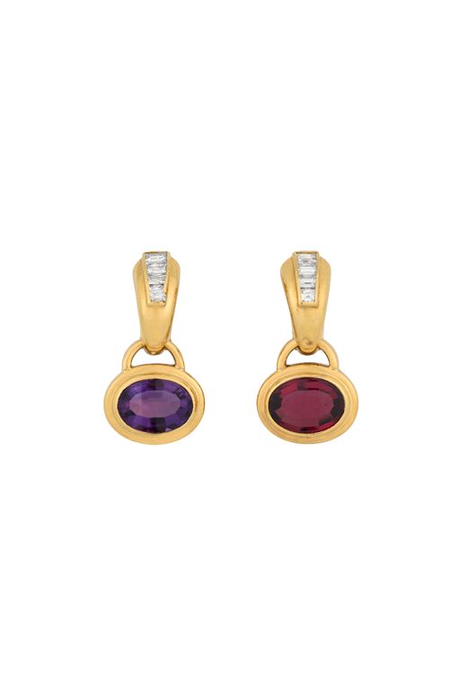 18k Gold Amethyst, Tourmaline and Diamond Earrings