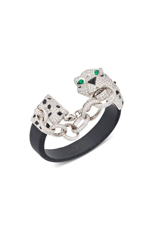 18k White Gold and Silk Multi-Gem Panther Bracelet