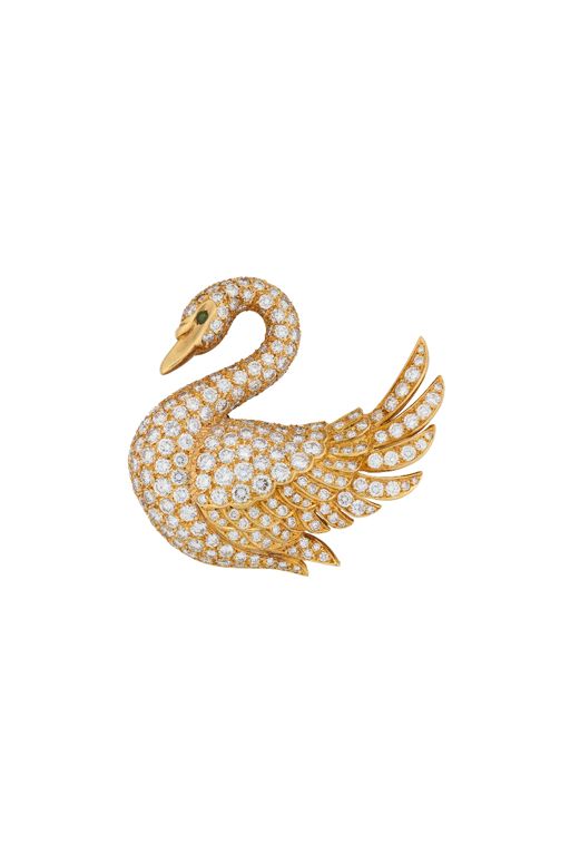 Yellow Gold Diamond and Emerald Swan Brooch