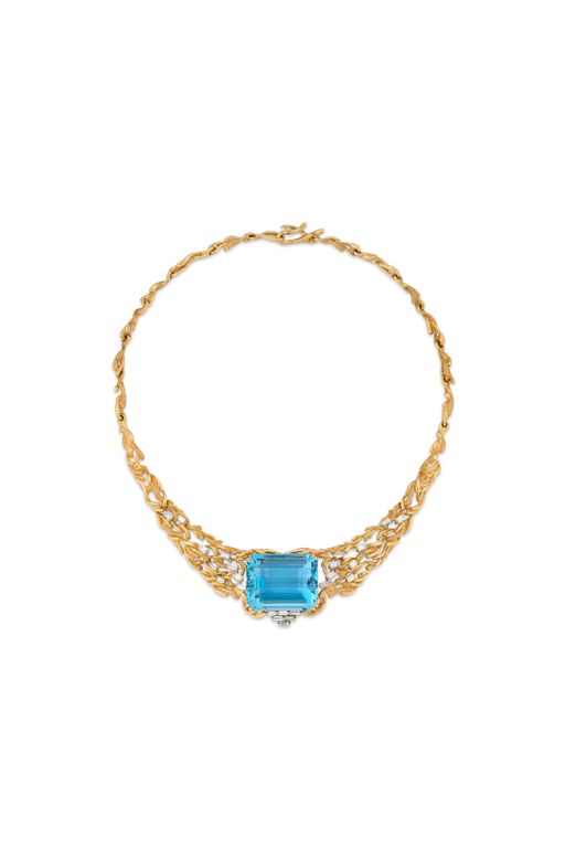Yellow Gold Aquamarine and Diamond Necklace