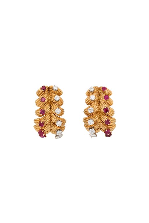 Gold and Platinum Ruby and Diamond Earrings