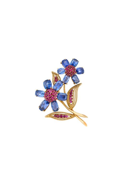 Yellow Gold Sapphire and Ruby Flower Brooch