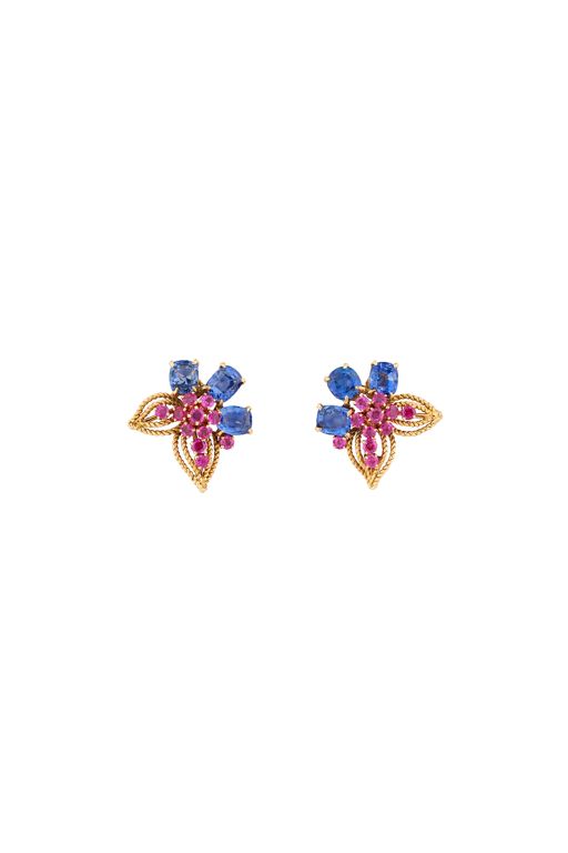 Yellow Gold Sapphire and Ruby Flower Earrings