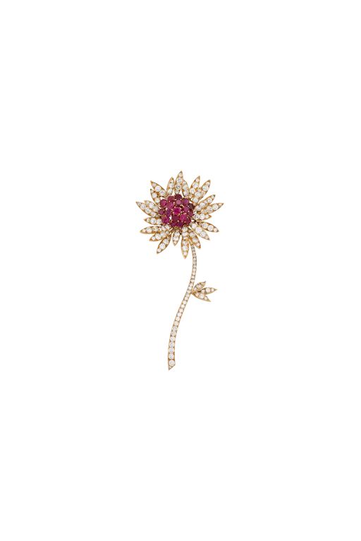 Yellow Gold Ruby and Diamond Flower Brooch