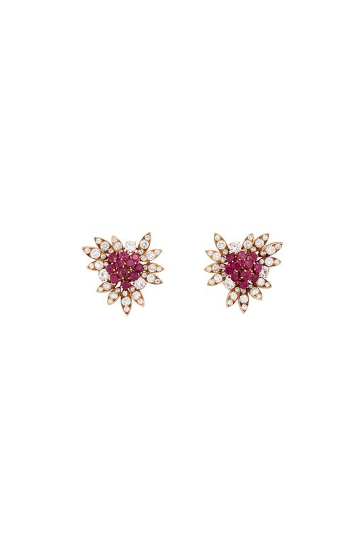 18k Yellow Gold Ruby and Diamond Flower Earrings
