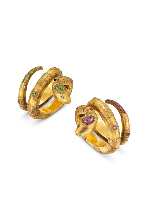 Two Yellow Gold Tourmaline Snake Bracelets