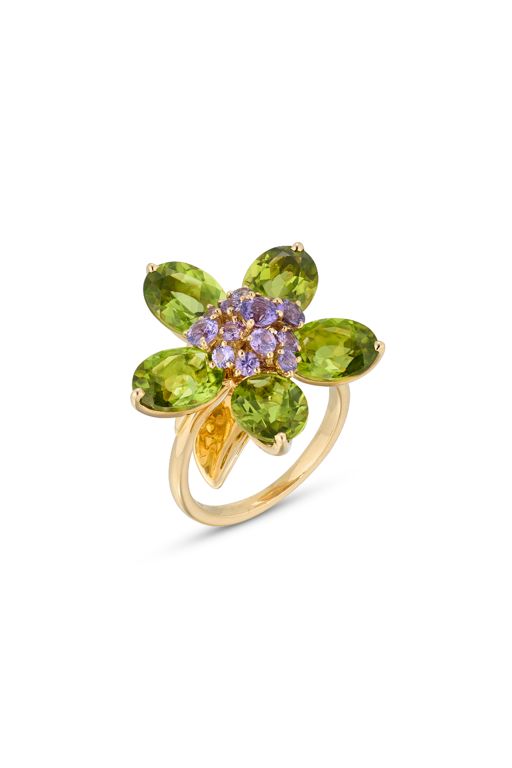 18k Yellow Gold Peridot and Amethyst Flower Ring