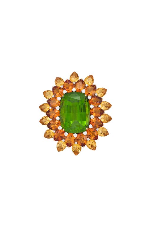 Gold Peridot, Citrine and Diamond Flower Brooch