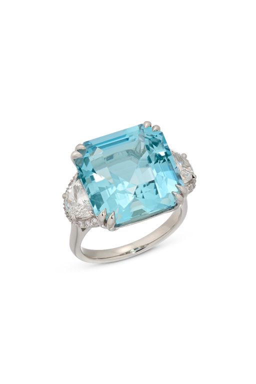 White Metal Aquamarine and Diamond Ring