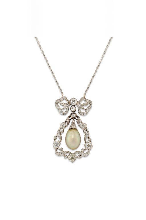 White Metal Pearl and Diamond Pendant Necklace