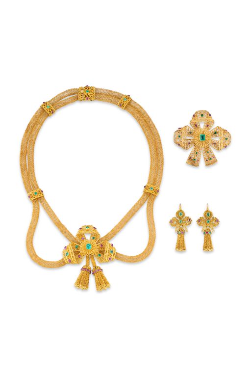 Yellow Gold Emerald and Ruby Jewelry Set