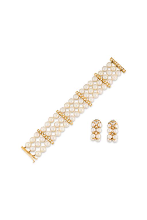 18k Yellow Gold Pearl and Diamond Jewelry Set