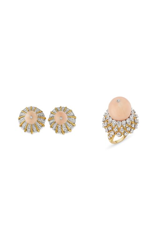 14k Yellow Gold Coral and Diamond Jewelry Set