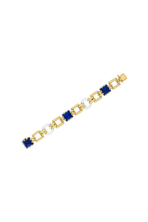 18k Gold Lapis and Rock Crystal Link Bracelet