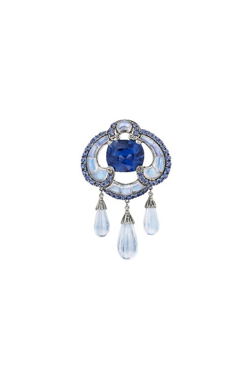 Platinum and Gold Sapphire and Moonstone Brooch