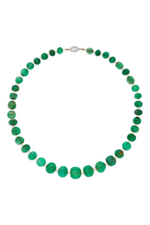Platinum Pearl, Diamond and Emerald Bead Necklace