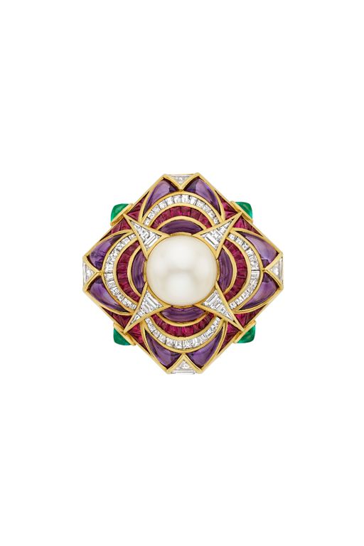 18k Yellow Gold Multi-Gem Carré Brooch
