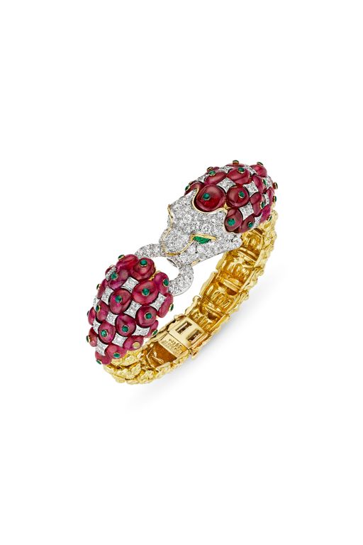 Yellow Gold and Platinum Multi-Gem Lion Bracelet