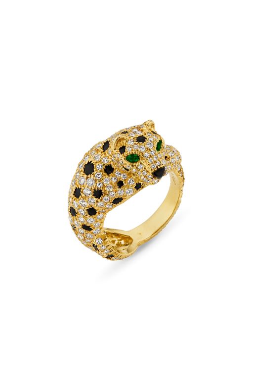 18k Gold Diamond, Onyx and Emerald Panther Ring