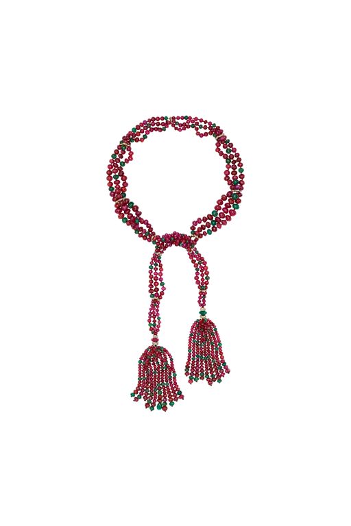 18k Gold Ruby, Emerald and Diamond Tassel Necklace