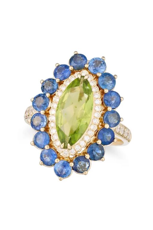 14k Gold Peridot, Sapphire and Diamond Ring