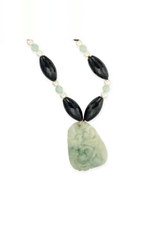 Onyx, Jadeite Jade, Quartz and Pearl Necklace