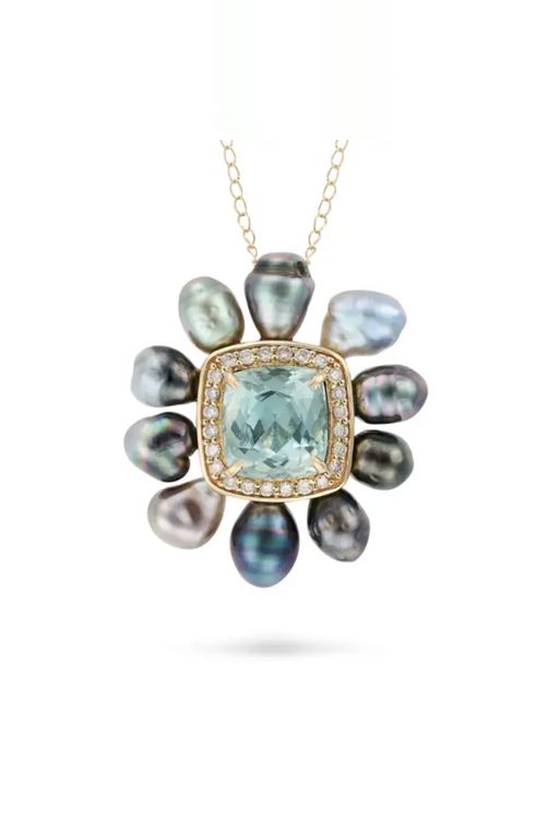 Aquamarine, Diamond and Pearl Pendant Necklace