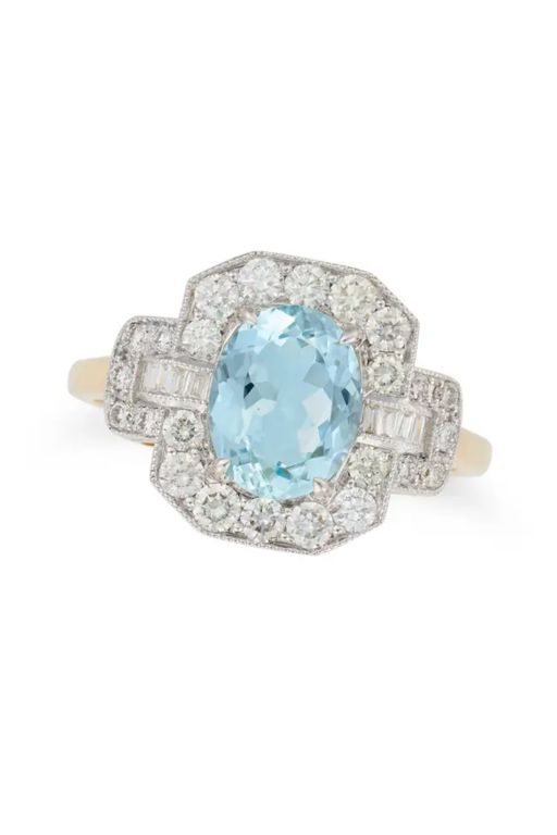 18k Gold Aquamarine and Diamond Ring