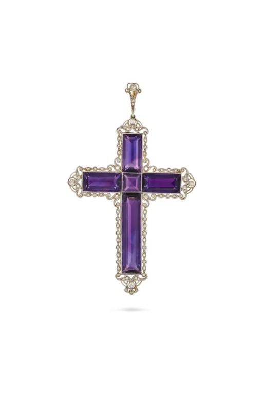 18k Gold Amethyst and Diamond Cross Pendant