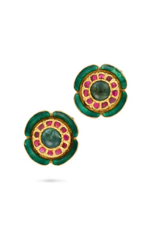 High Carat Gold Emerald and Ruby Earrings