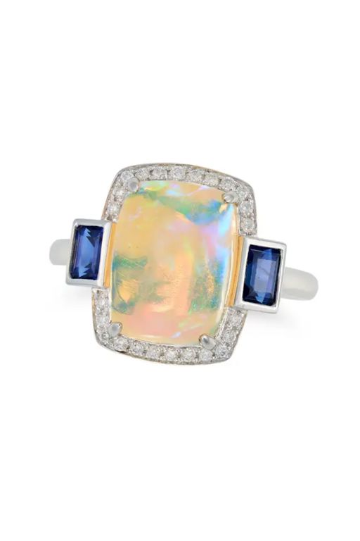 Platinum Opal, Sapphire and Diamond Ring