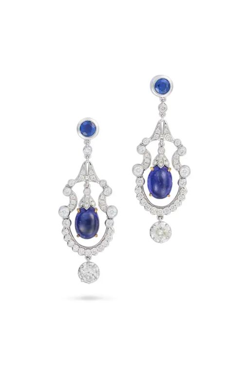 Pair of Platinum Sapphire and Diamond Earrings
