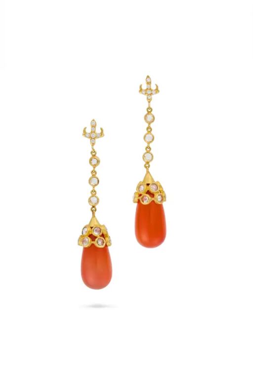 Pair of 18k Gold Carnelian and Diamond Earrings