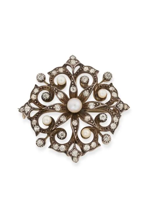 Gold and Silver Pearl and Diamond Brooch