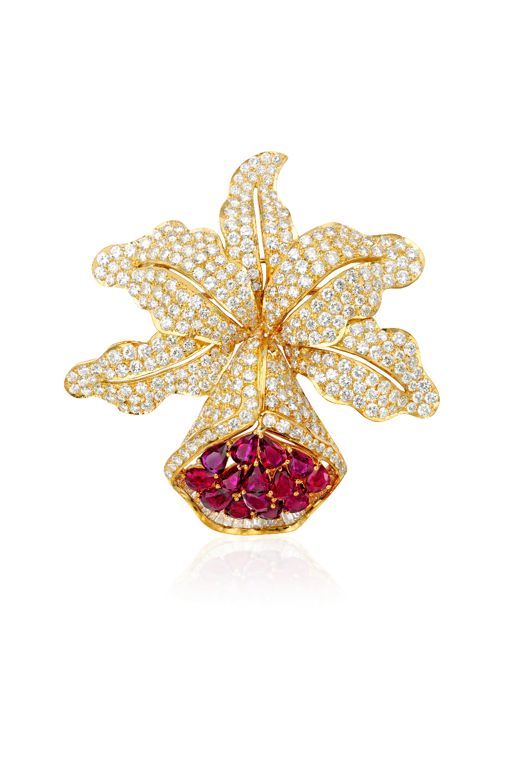 18k Gold Ruby and Diamond Brooch