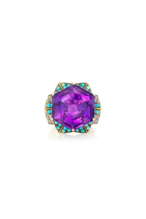 18k Gold Amethyst, Turquoise and Diamond Ring
