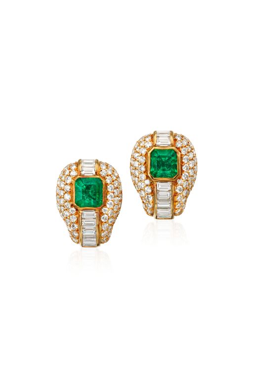 Pair of 18k Gold Emerald and Diamond Earrings