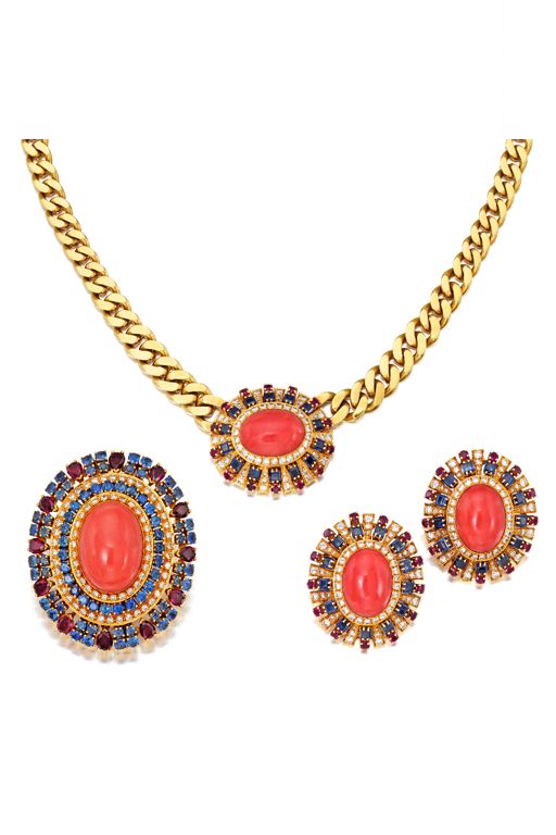18k Gold Coral and Multi-Gem Jewelry Set