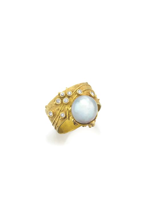Gold Pearl and Diamond Ring