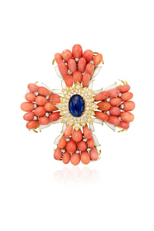 18k Gold Sapphire, Coral and Diamond Brooch