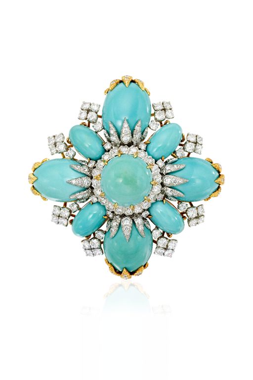 18k Gold Turquoise and Diamond Brooch