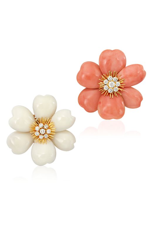 Two 18k Gold Coral and Diamond Brooches