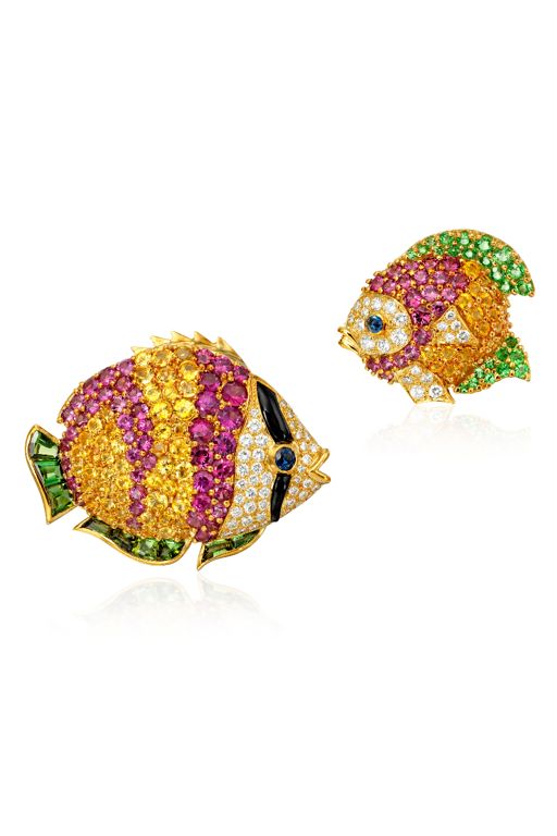 Two 18k Gold Multi-Gem Brooches