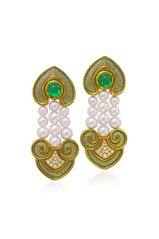 Pair of 18k Gold Emerald and Diamond Earrings