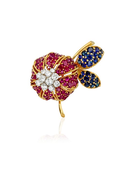 18k Gold Ruby, Sapphire and Diamond Brooch