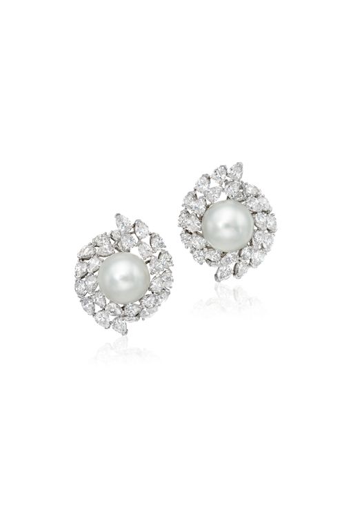 Pair of Platinum Pearl and Diamond Earrings