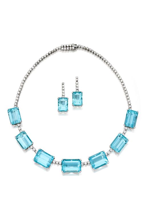 Platinum Aquamarine and Diamond Jewelry Set